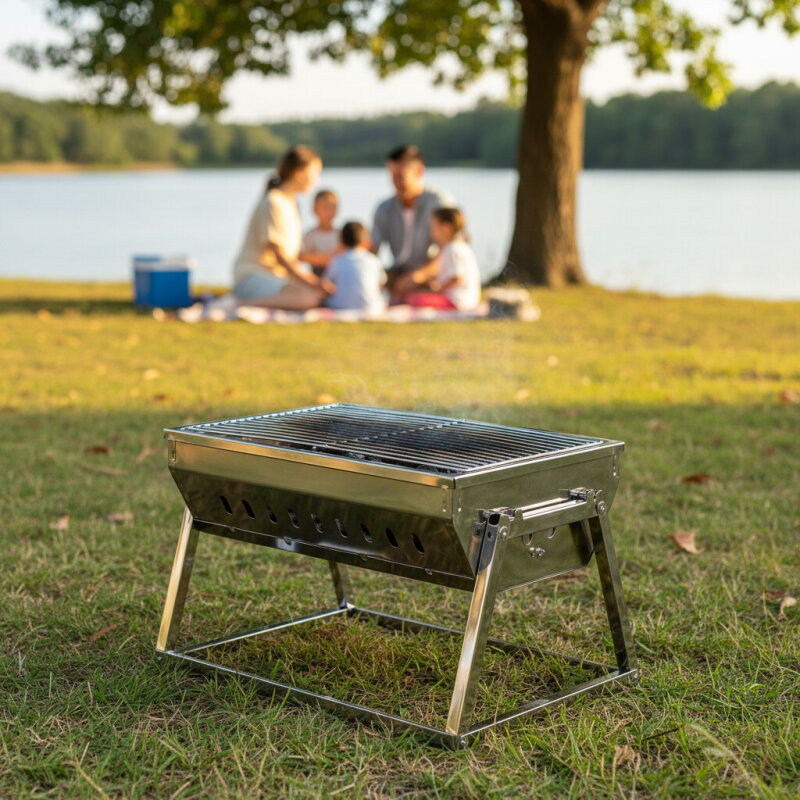 Składany grill turystyczny ze stali nierdzewnej nad jeziorem.