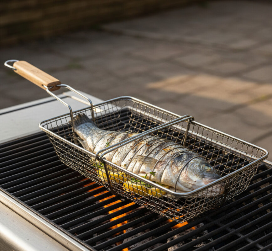 Grillowanie ryby w specjalnym koszyku stalowym na ruszcie.
