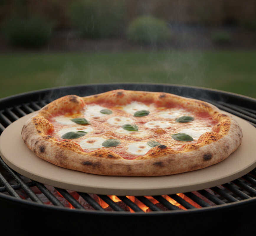 Okrągły kamień kordierytowy do pizzy na ruszcie grilla.