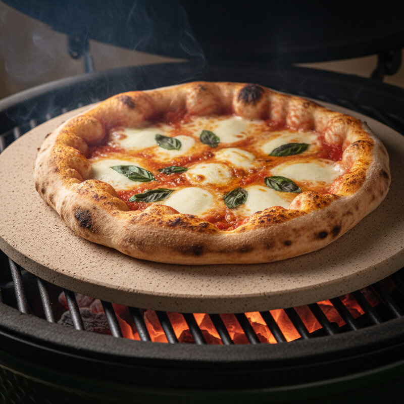 Chrupiąca pizza pieczona na kamieniu kordierytowym na grillu.