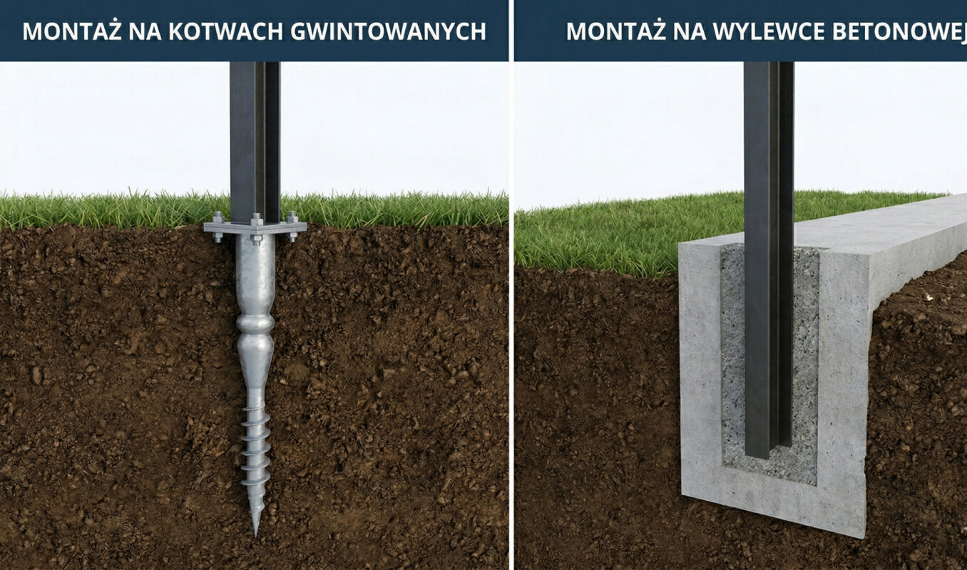 Porównanie montażu słupka ogrodzeniowego na kotwie i betonie.
