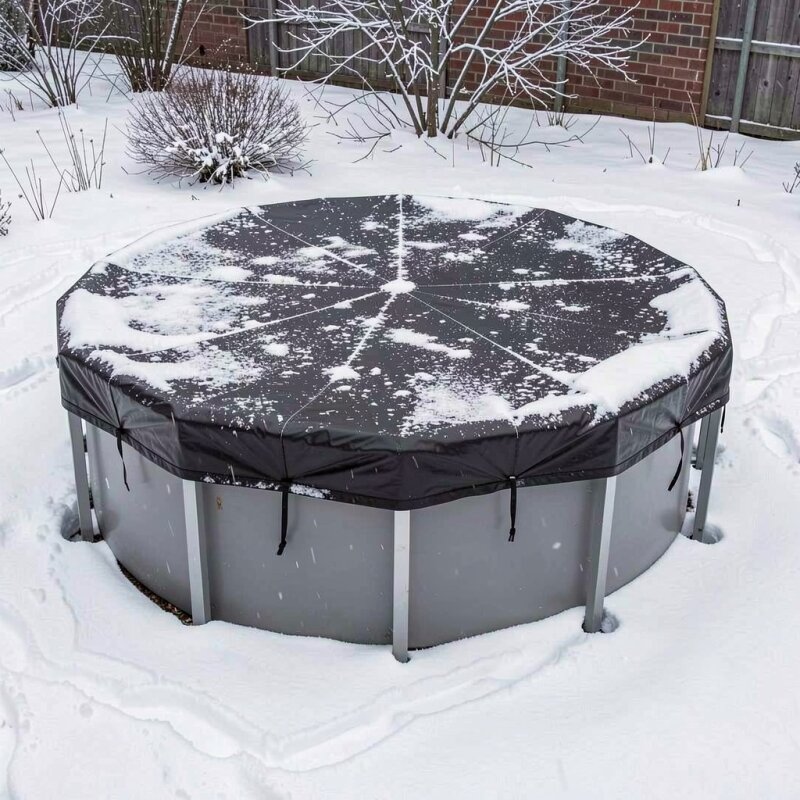 Zimowanie basenu stelażowego pod zimową plandeką.