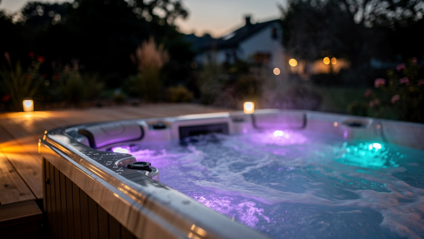 Kolorowe oświetlenie LED w jacuzzi ogrodowym.