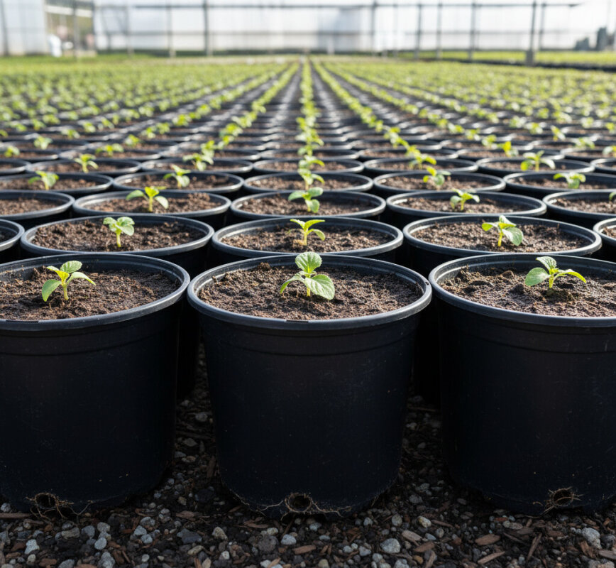 Doniczki produkcyjne z młodą rozsadą warzyw na wiosnę.