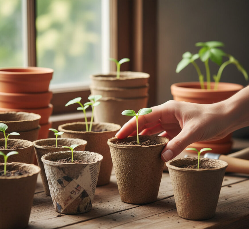 Biodegradowalne doniczki torfowe w duchu zero waste.