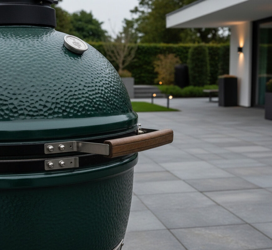 Ceramiczny grill typu Kamado w profesjonalnej strefie ogrodowej.