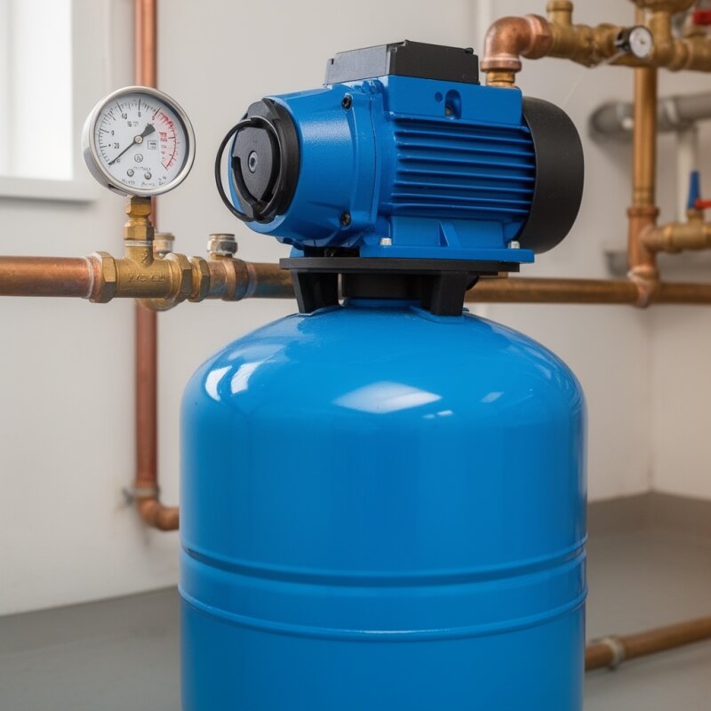 Zbiornik hydroforowy z pompą i manometrem w maszynowni