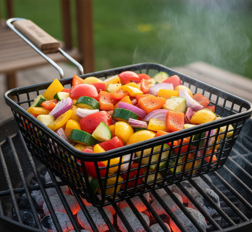 Koszyk non-stick do grillowania warzyw na ruszcie.