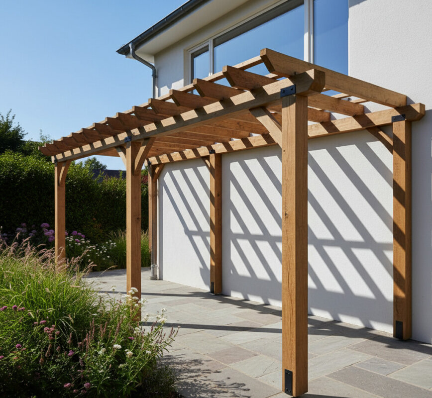 Pergola mocowana do elewacji domu z ociepleniem.