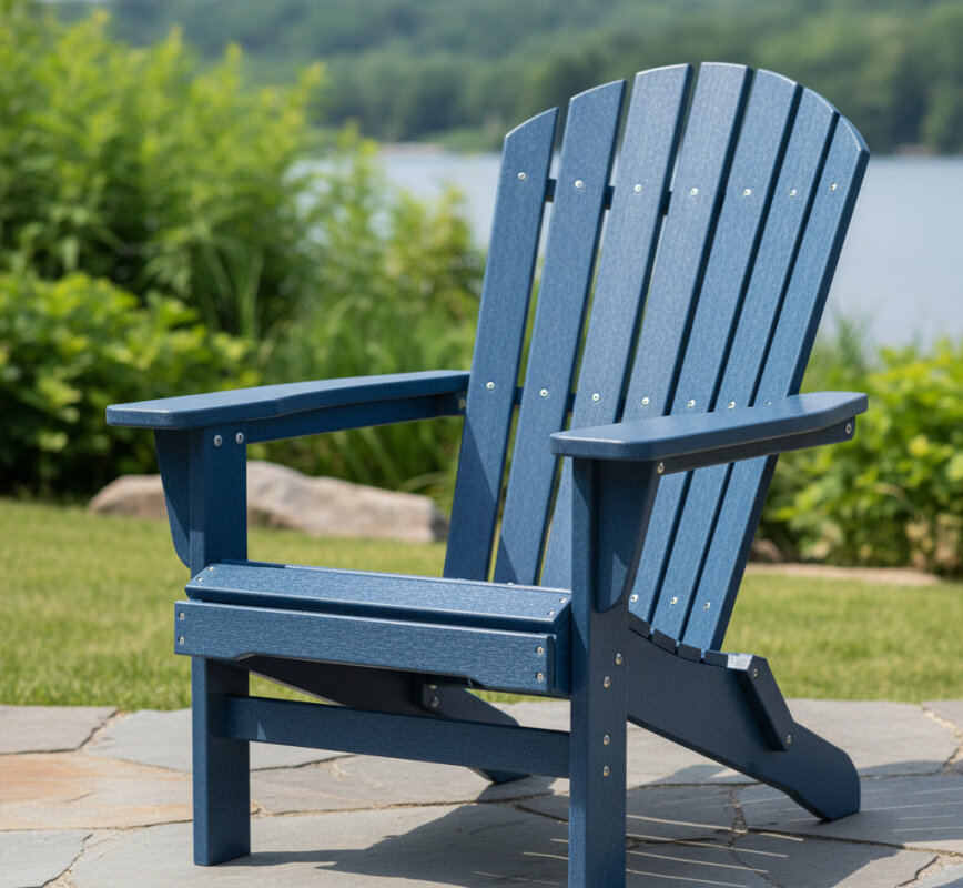 Krzesło ogrodowe Adirondack wykonane z niebieskiego tworzywa HDPE z recyklingu.