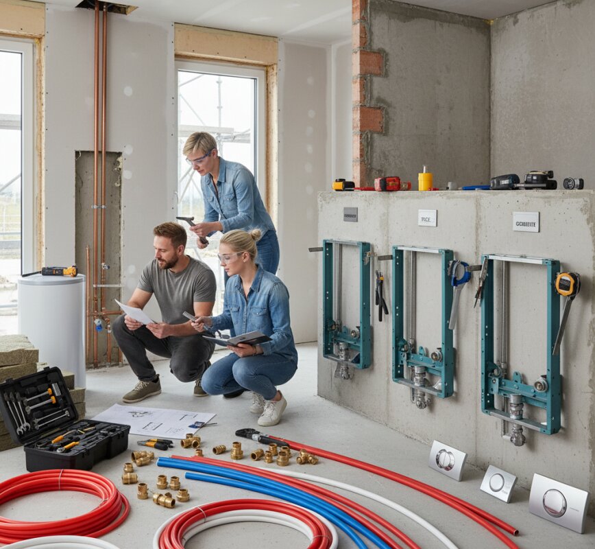 Ludzie analizujący projekt instalacji hydraulicznej obok zamontowanych stelaży podtynkowych.
