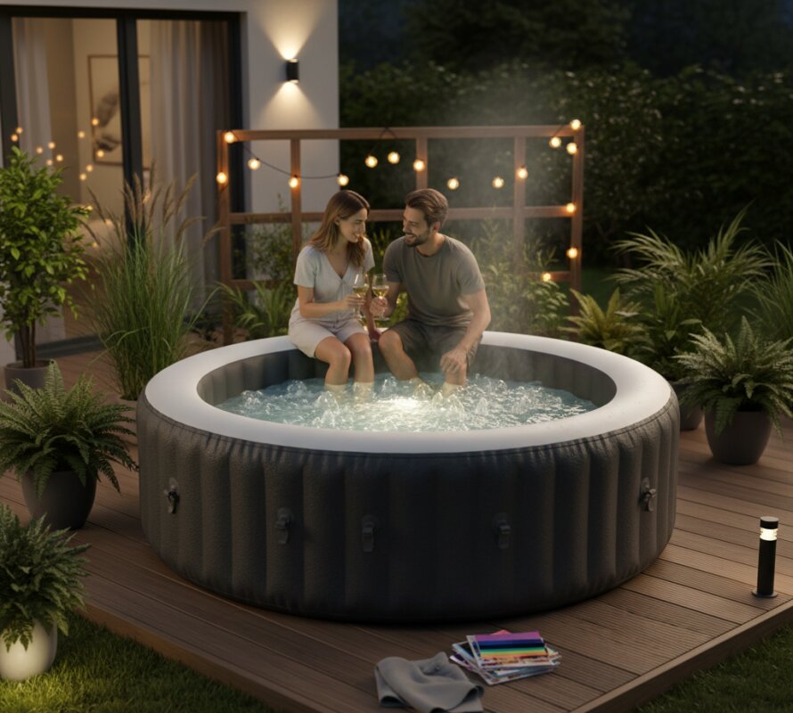 Para odpoczywająca w dmuchanym jacuzzi na tarasie przy wieczornym oświetleniu girlandą.