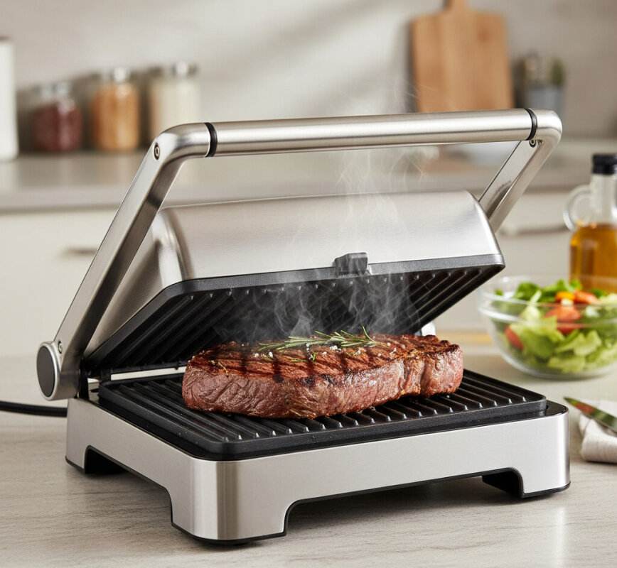 Domowy grill elektryczny kontaktowy ze smażonym stekiem wołowym.