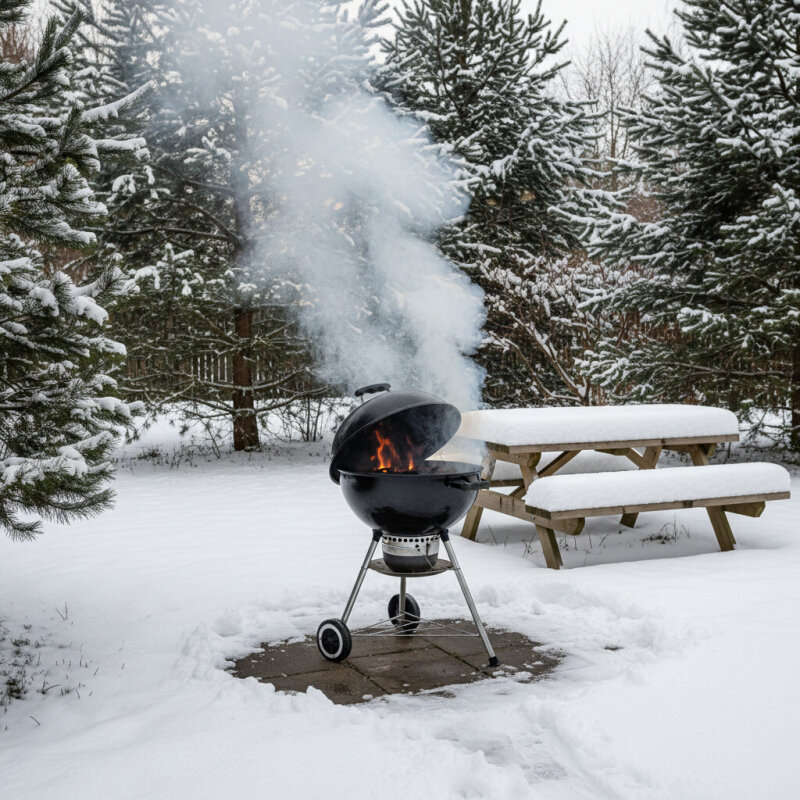Zimowe grillowanie w ogrodzie z dymem unoszącym się nad śniegiem.