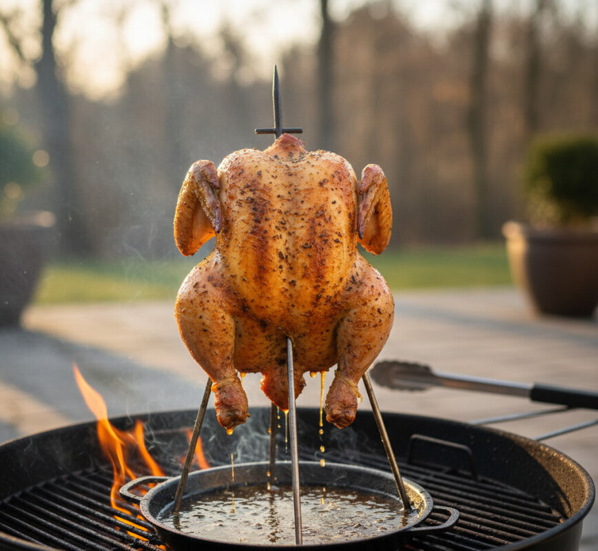 Kurczak na stojaku do piwa na grillu ogrodowym.