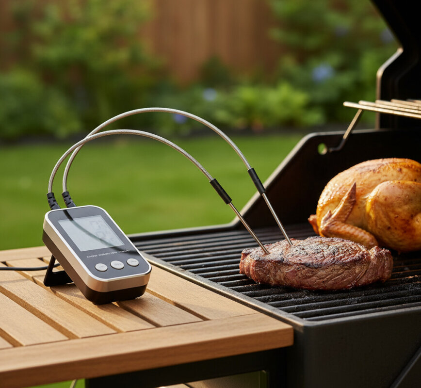 Dwusondowy cyfrowy termometr do mięsa na grillu.