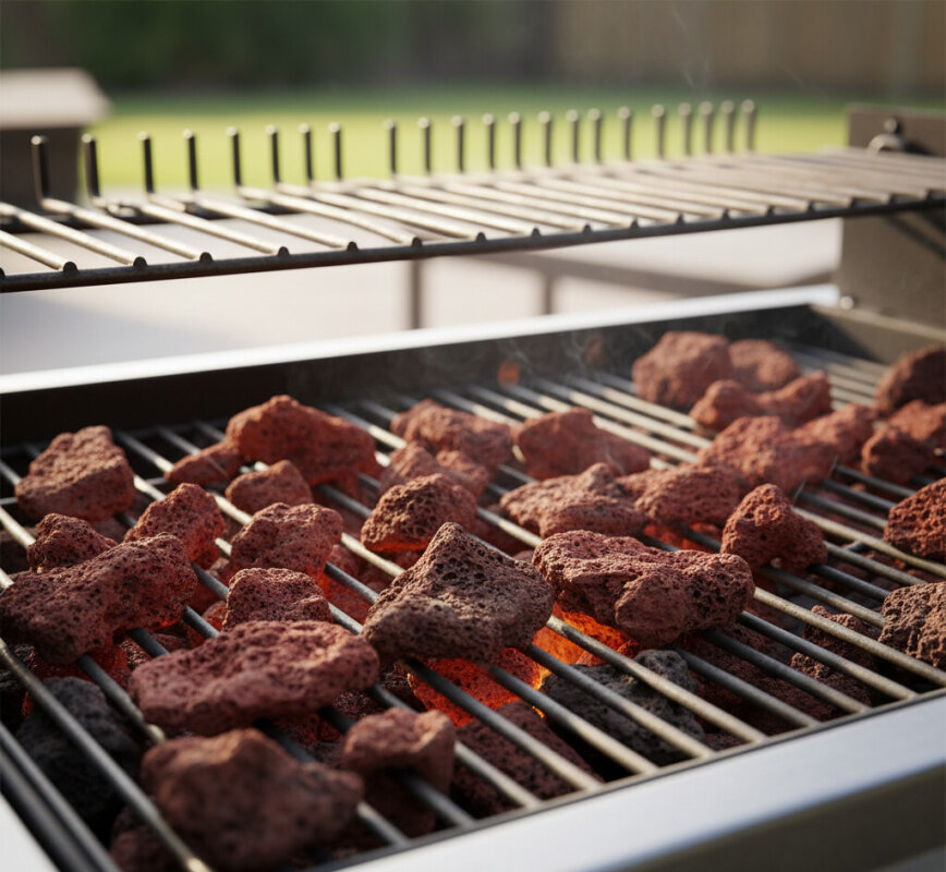 Rozgrzane kamienie lawowe w grillu gazowym.