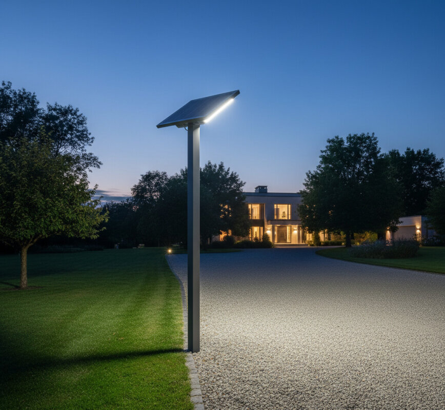 Wysoka lampa solarna na słupie oświetlająca podjazd posesji.