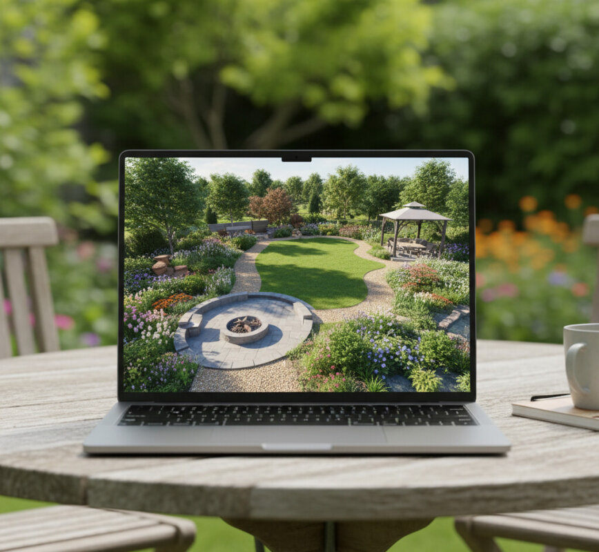 Laptop na stole ogrodowym wyświetlający wizualizację 3D projektu ogrodu.