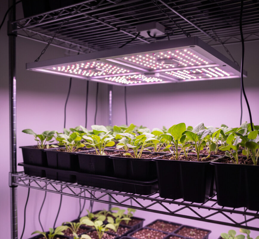 Lampy LED do doświetlania siewek warzyw w domowej uprawie.