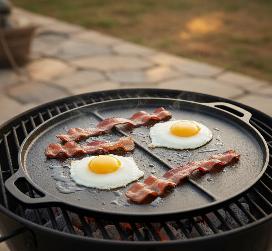 Dwustronna płyta żeliwna na grillu z jajkami i bekonem.
