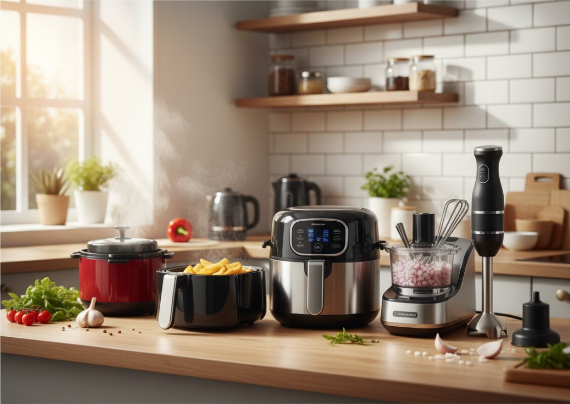 Nowoczesne małe urządzenia AGD: airfryer, czajnik, blender i robot kuchenny na blacie.