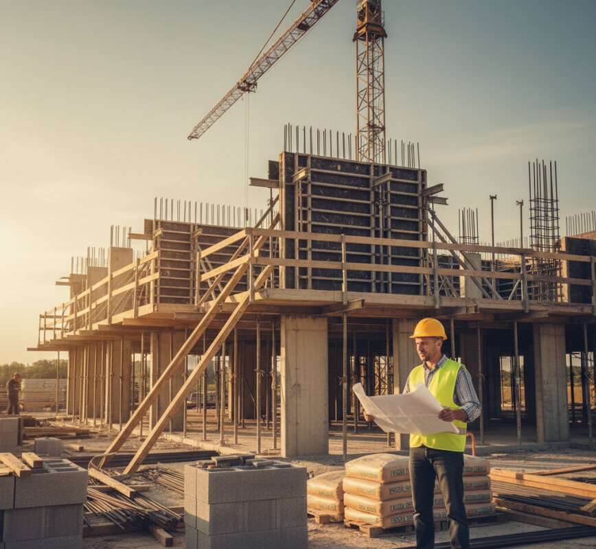 Kierownik budowy z planem stoi przed betonową konstrukcją nośną wielorodzinnego budynku.