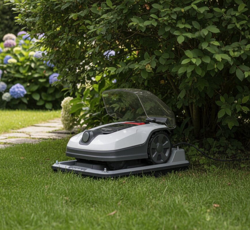 Robot koszący parkujący w stacji dokującej ukrytej w cieniu ogrodowych krzewów.