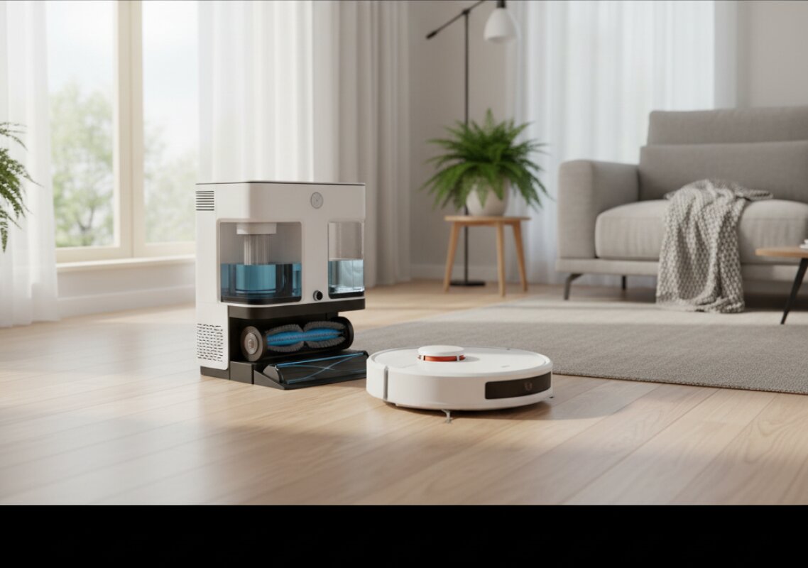 Robot sprzątający wjeżdżający do stacji bazowej z funkcją mycia mopów.