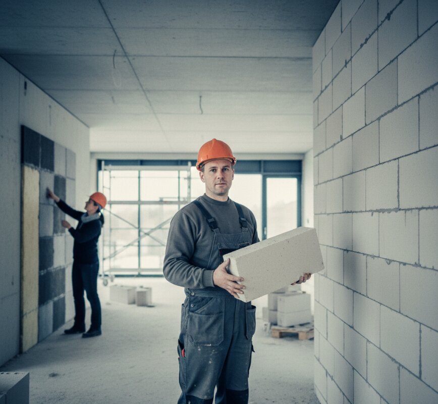 Inżynierowie analizują plan przy paletach z białymi silikatami i pustakami ceramicznymi.
