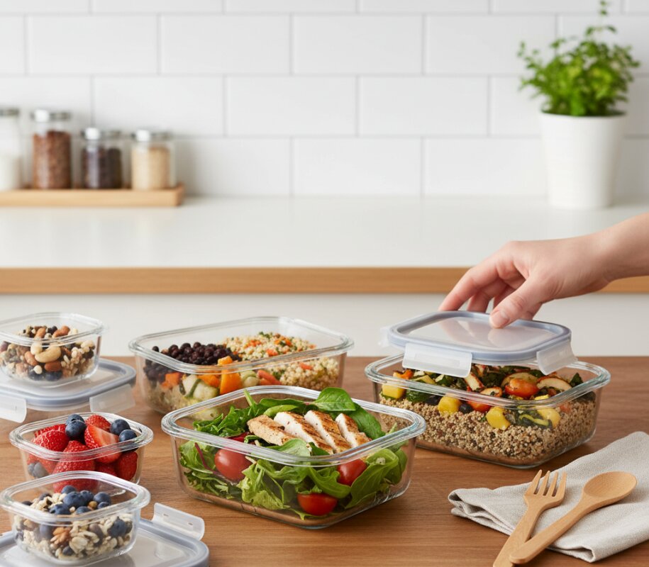 Zestaw szklanych pojemników typu lunchbox z przygotowanymi, zdrowymi posiłkami na wynos.