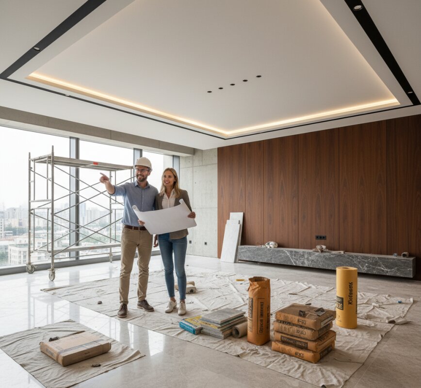 Architekt i klientka analizujący plany budowy w niewykończonym jeszcze apartamencie.